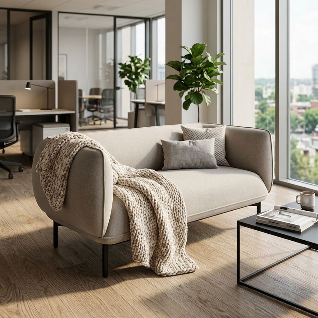 A modern beige upholstered daybed or chaise lounge with black legs, styled in a bright contemporary office with a chunky knit throw blanket draped over one arm, matching pillows, and a small black coffee table nearby.