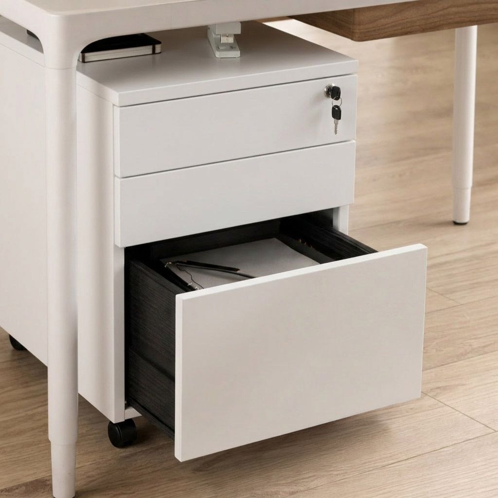 A white rolling under-desk drawer with one bottom drawer pulled open, showing a dark interior and a black lock with keys, set on a light wood floor.