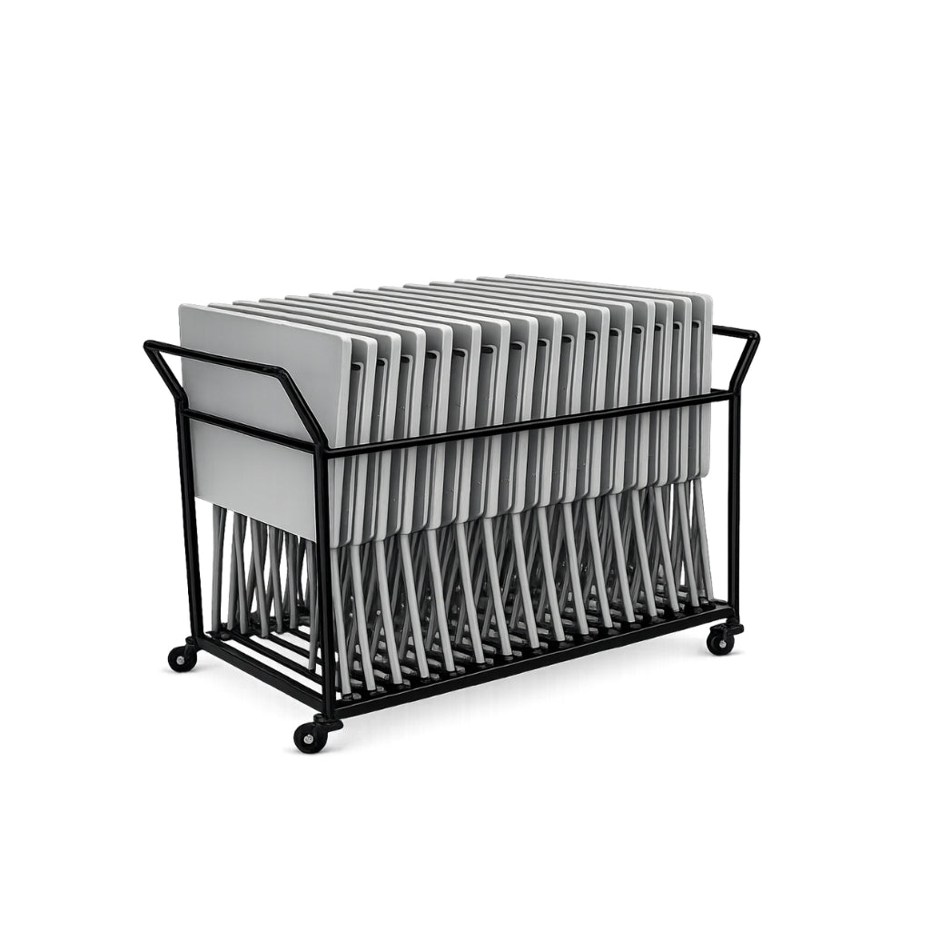 Black metal cart with folding school desks