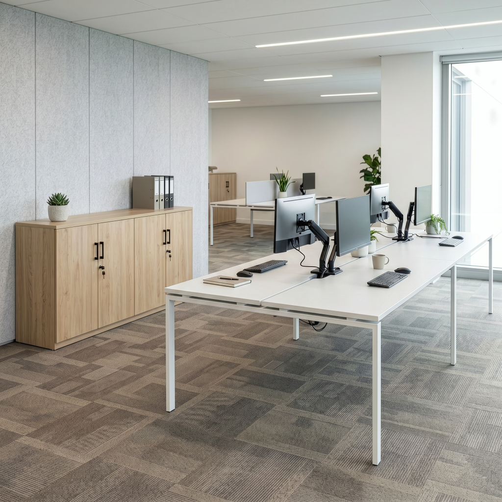 A modern office space featuring a long white multi-person desk with white metal legs, set up with computer monitors, black office chairs, and desk accessories. The room has gray patterned carpet, a light wood cabinet on the left, and a gray paneled wall.