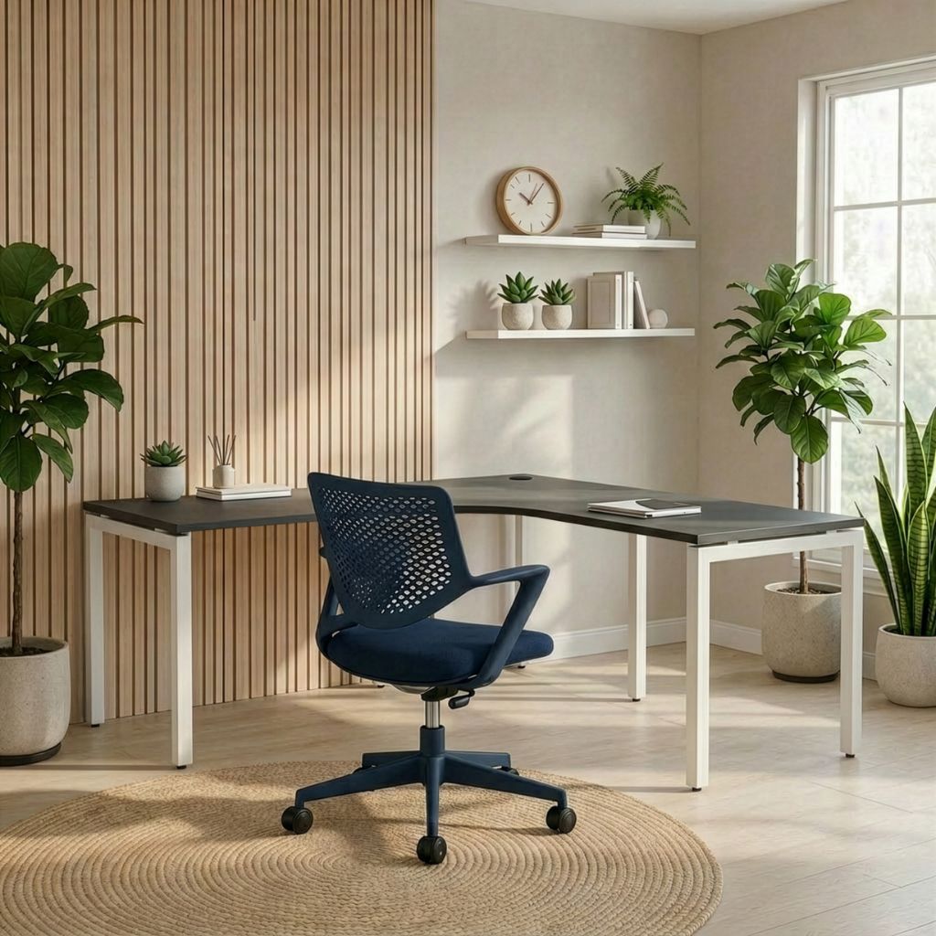 Modern office setup with a L-shaped desk and blue chair, surrounded by plants and decor.