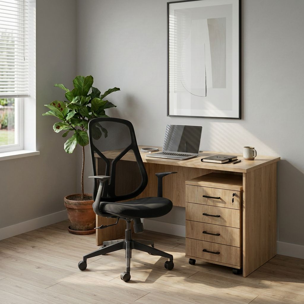 Home office with wooden desk, black chair, and laptop.
