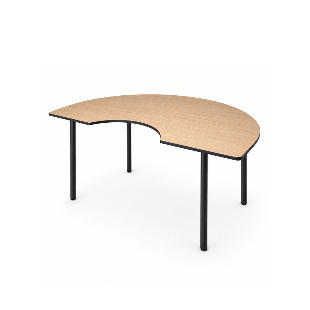 Curved wooden table with black legs on a white background