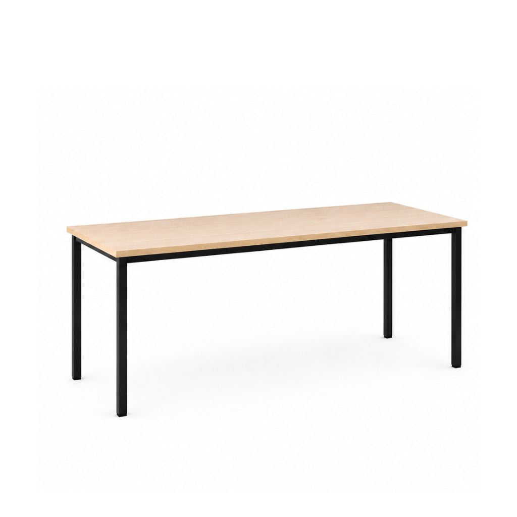 Wooden table with black legs on a white background