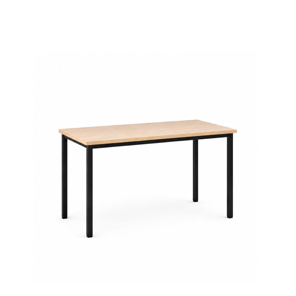 Rectangular table with a light wood top and black legs on a white background