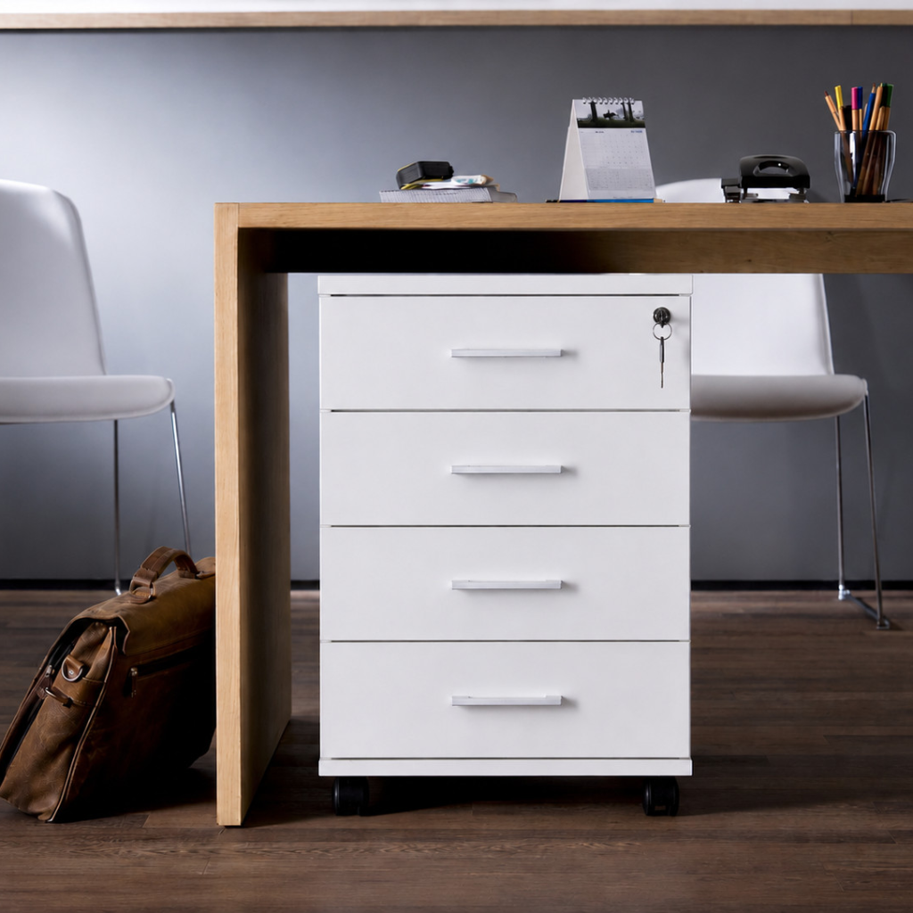 white four drawer mobile storage unit under a timber desk