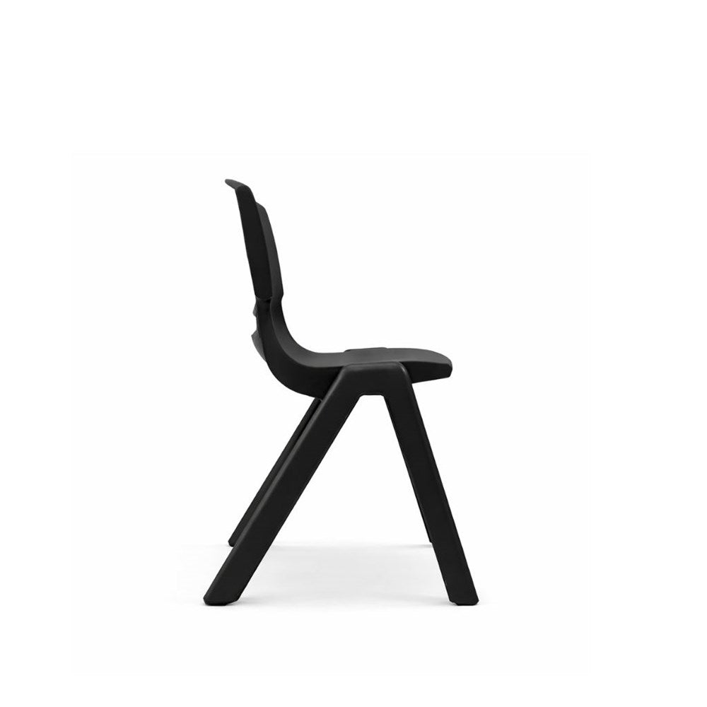 A modern black molded plastic chair shown from a side profile view against a solid white background.
