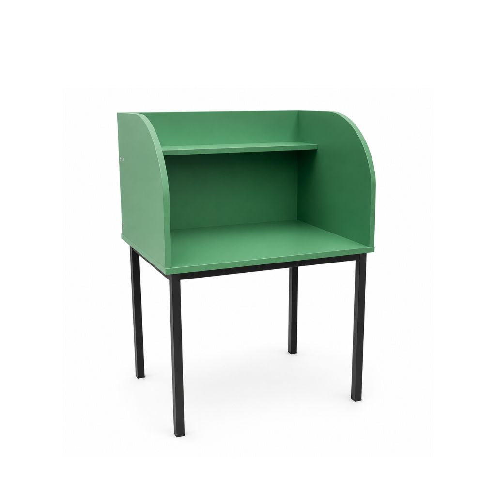 Green side table with black legs on a white background