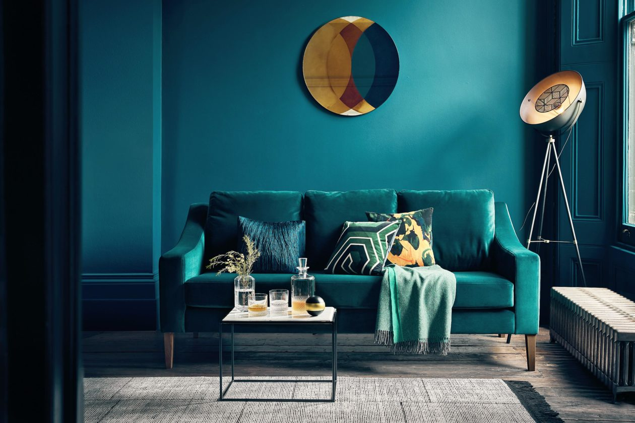 office interior turquoise couch