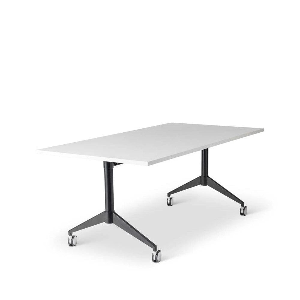 office table with white top and black wheeled legs