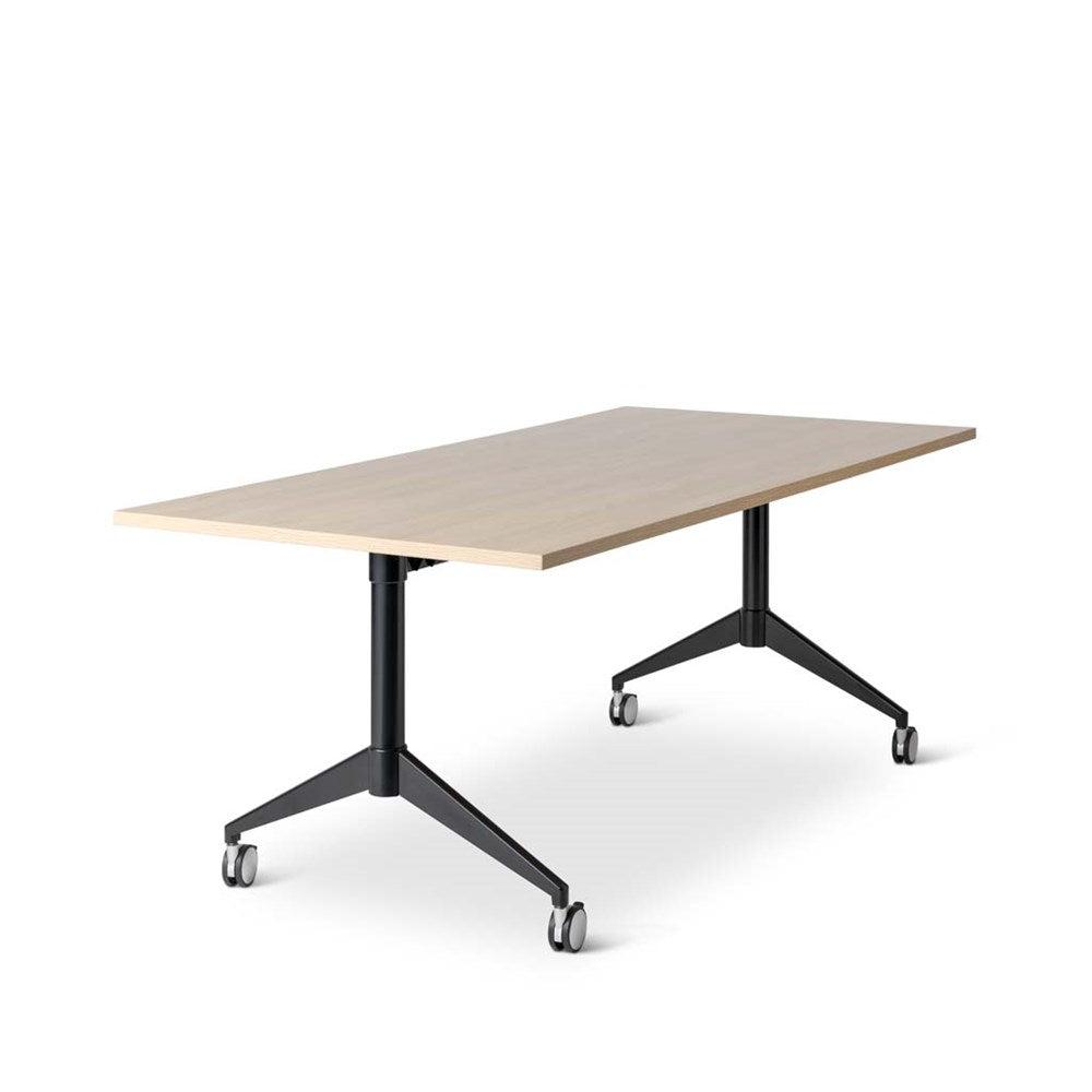 light wood with black wheeled frame flip table