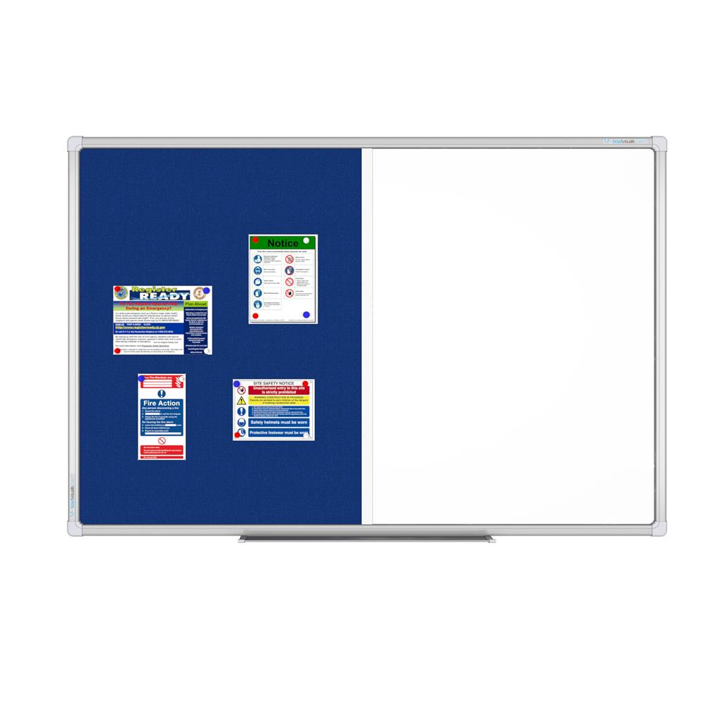 A square whiteboard with a split design, featuring a dark blue left panel with four pinned informational cards and a blank white right panel, all framed in silver.