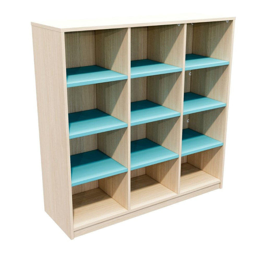 Bookshelf with blue shelves
