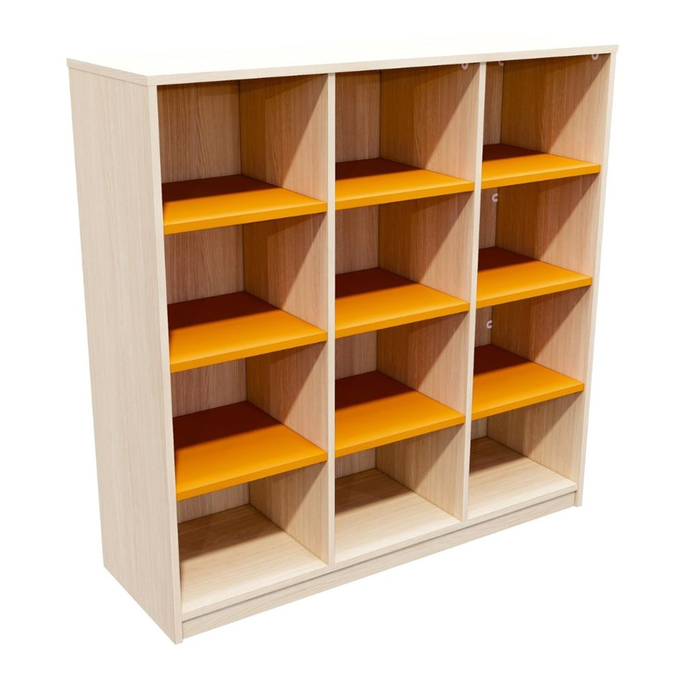 Wooden bookshelf with orange shelves