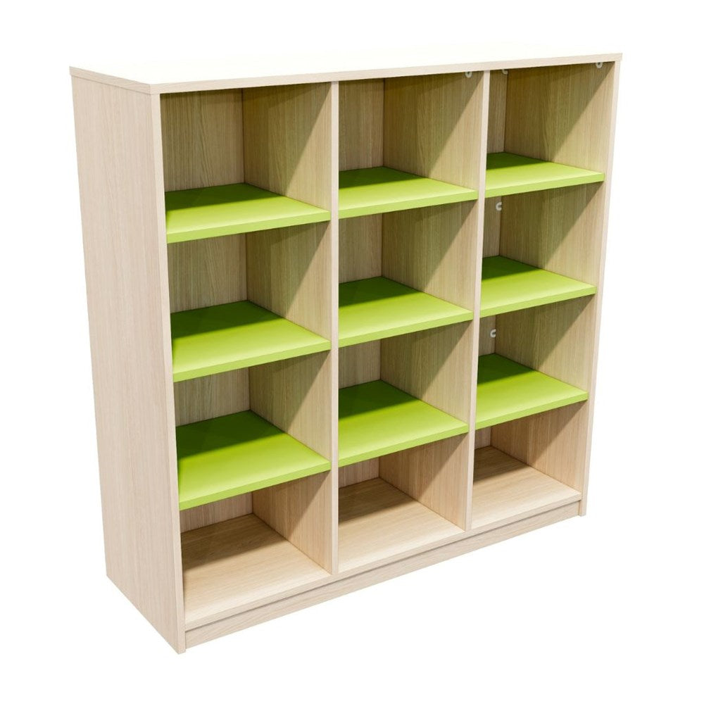 Bookshelf with green shelves