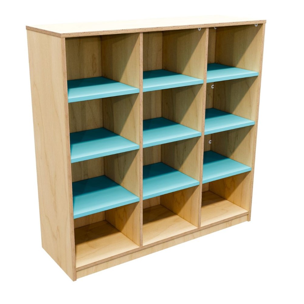 Wooden bookshelf with turquoise shelves