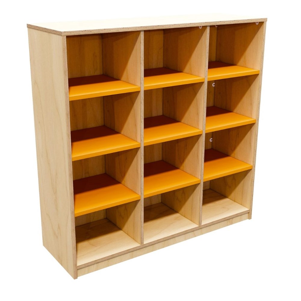 Wooden bookshelf with orange shelves