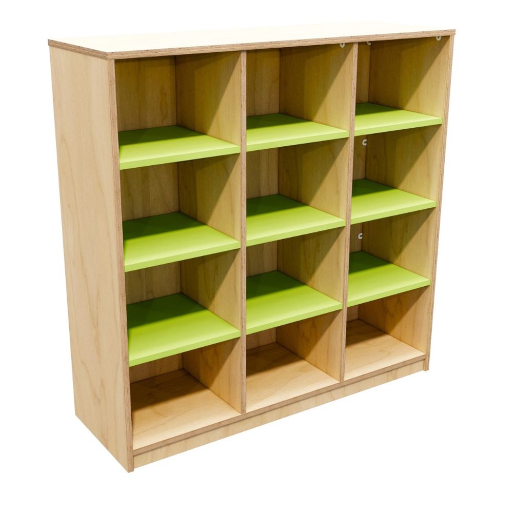 Wooden bookshelf with green shelves