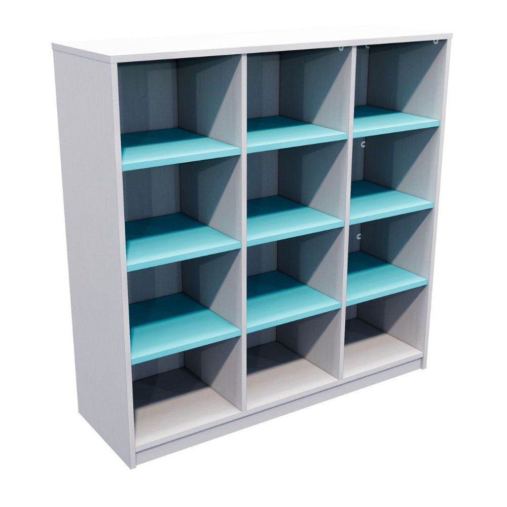 Bookshelf with alternating gray and turquoise shelves