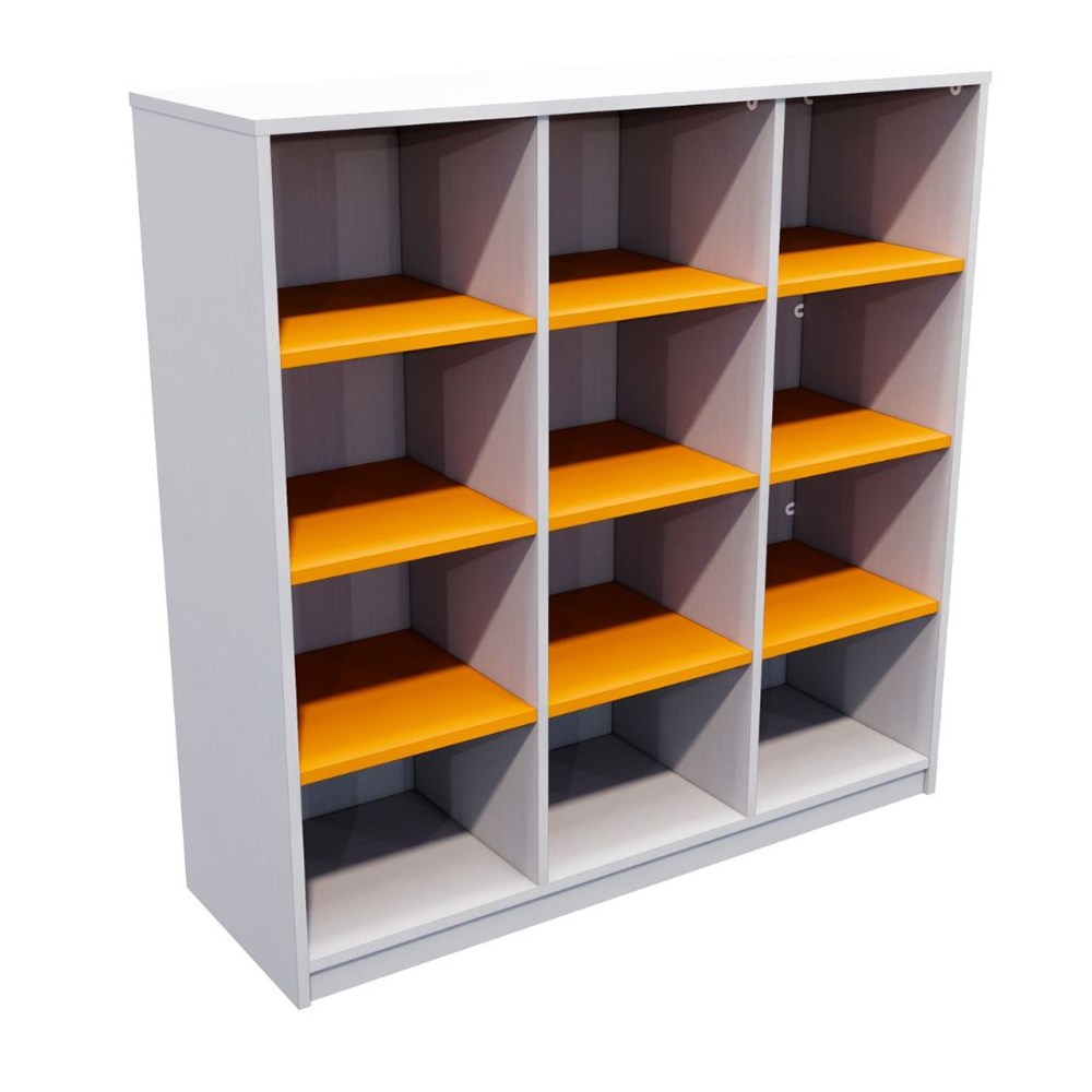 Bookshelf with orange shelves