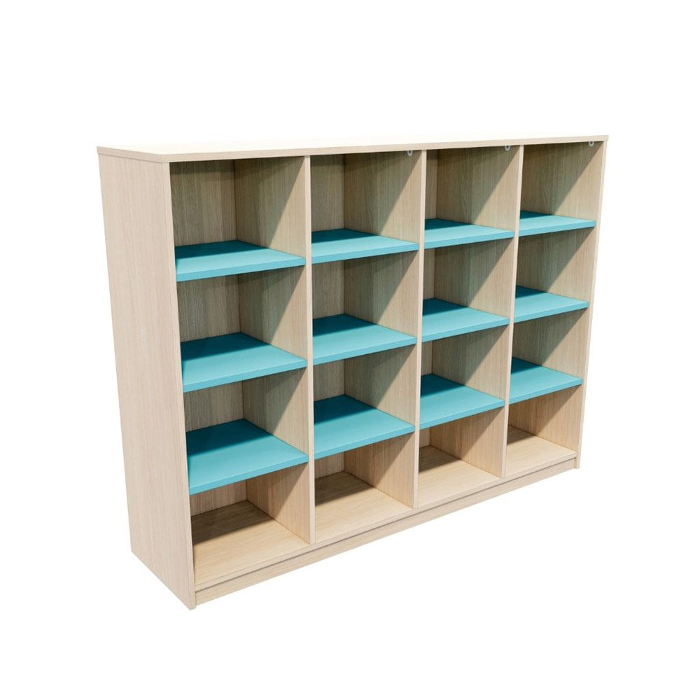 Wooden bookshelf with blue shelves