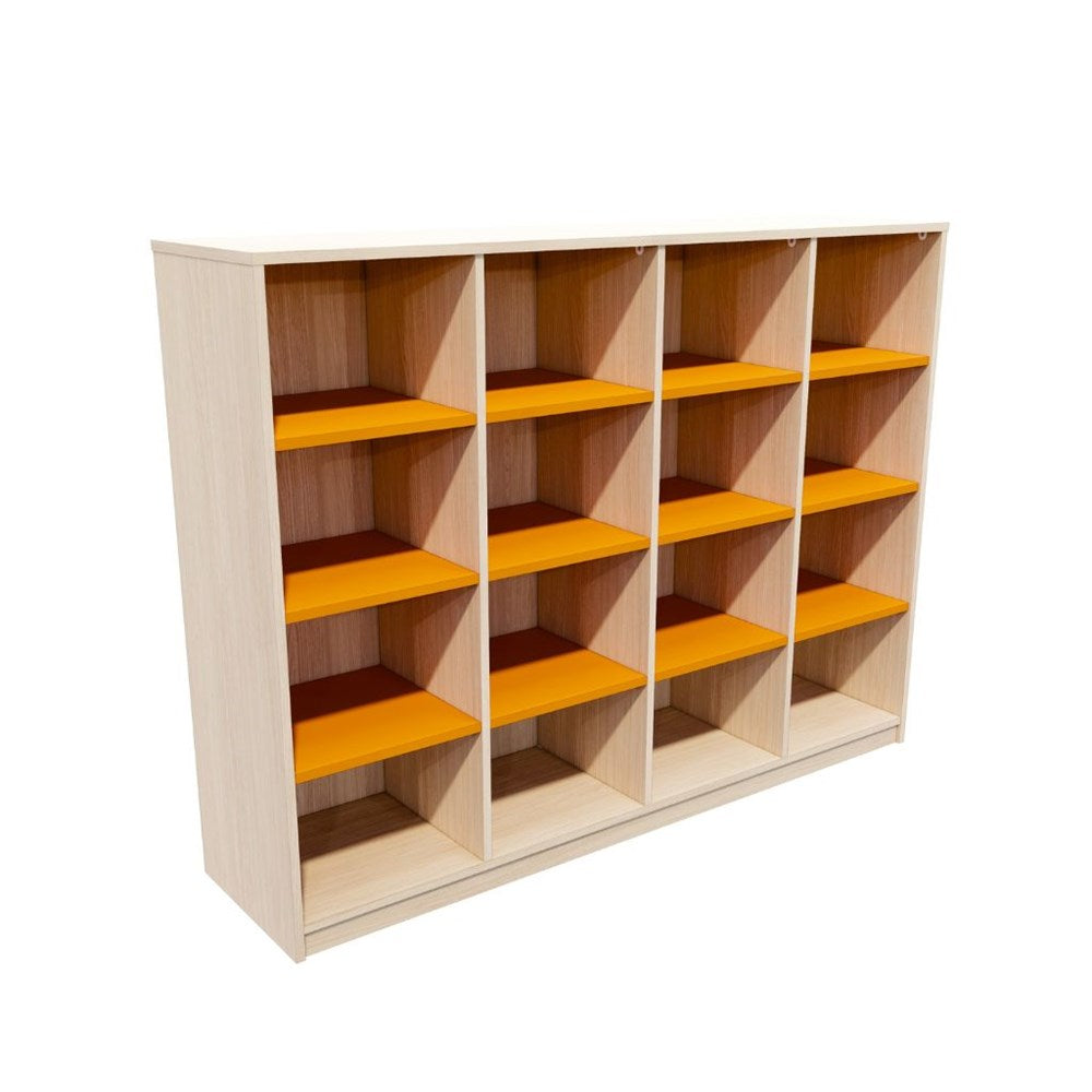 Wooden shelf with orange shelves