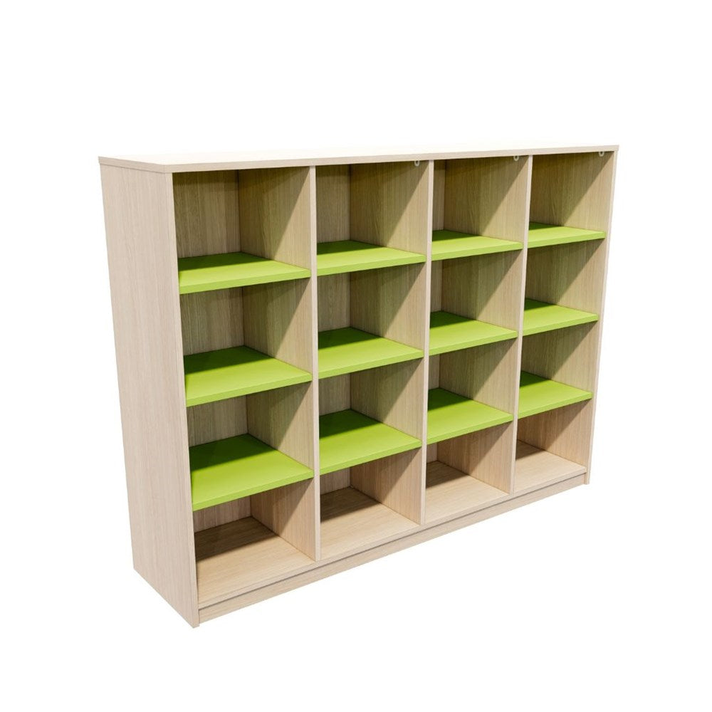 Wooden shelf with green shelves