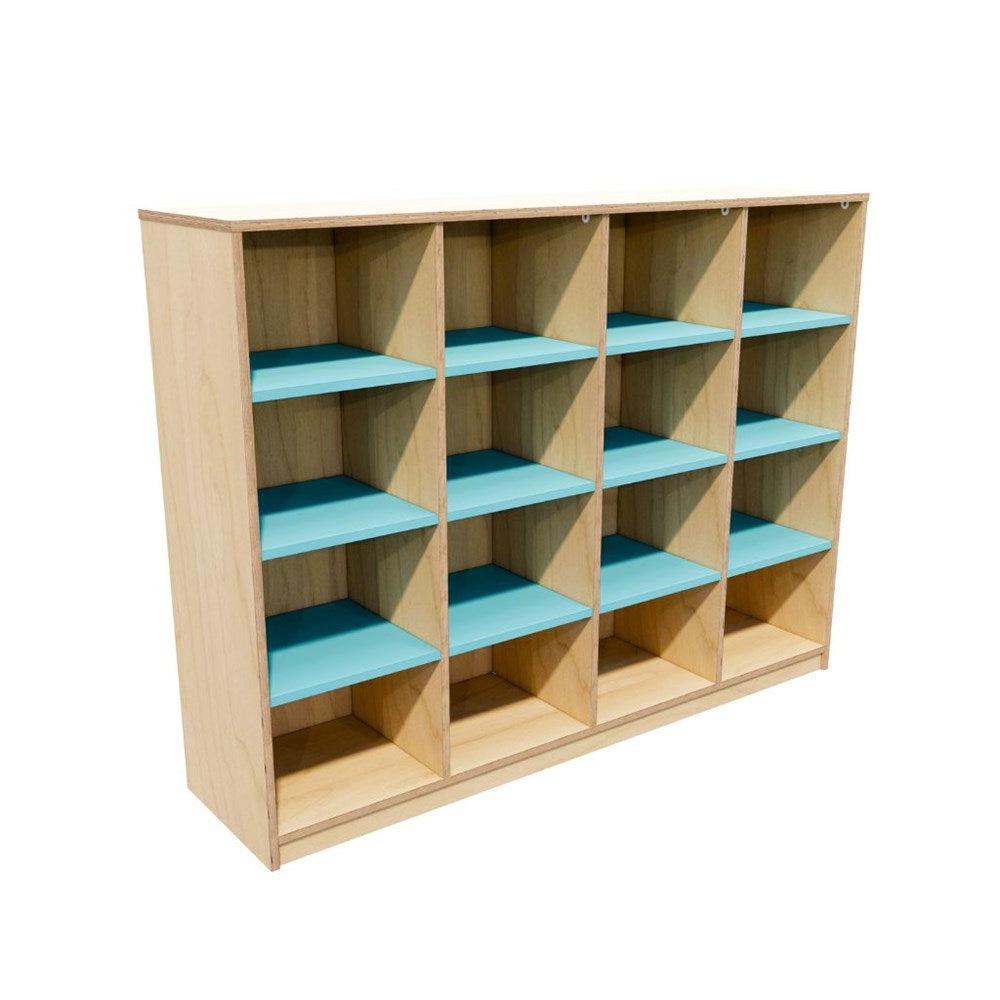 Wooden shelf with blue shelves