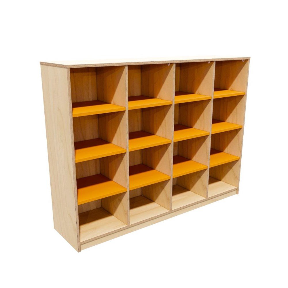 Wooden bookshelf with yellow shelves