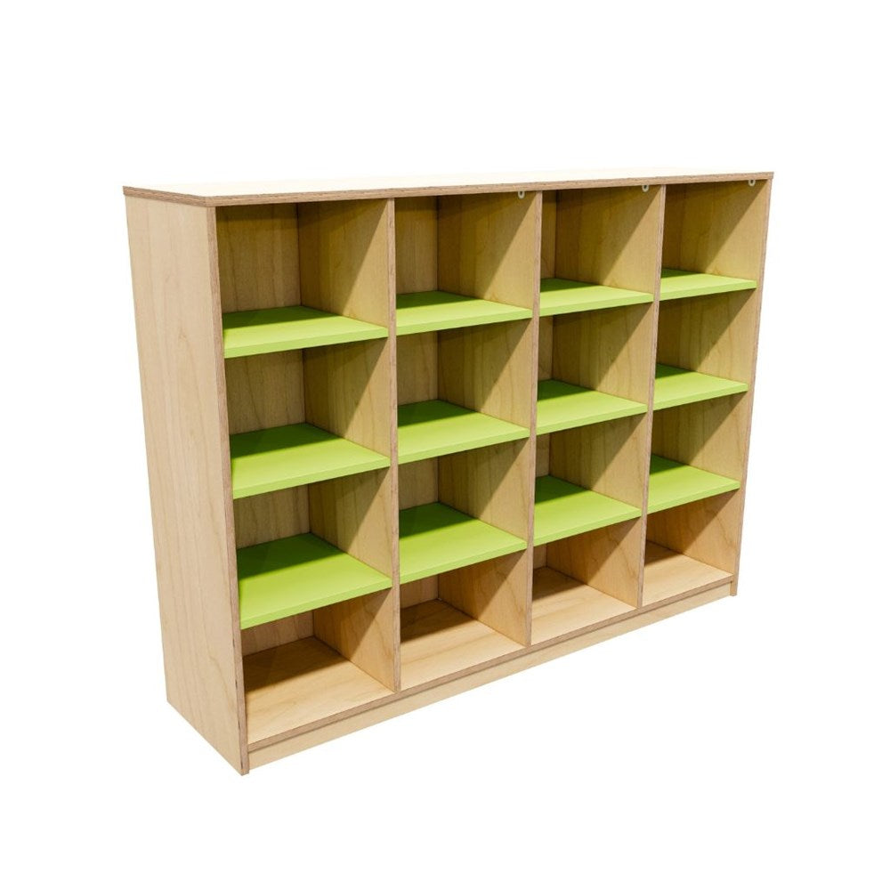 Wooden bookshelf with green shelves