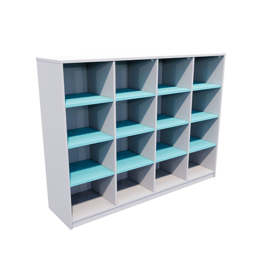 Bookshelf with alternating light blue and gray shelves