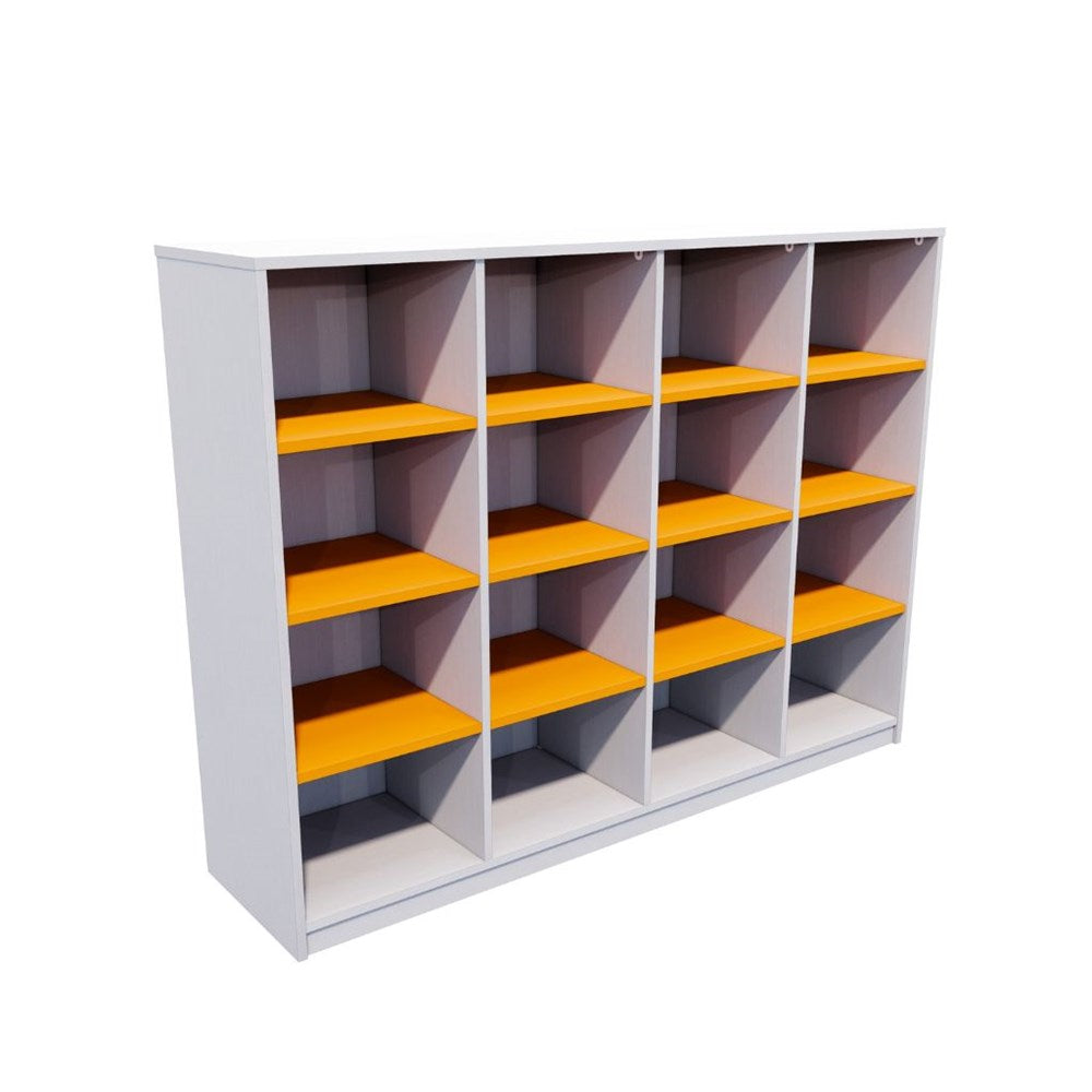 Bookshelf with yellow shelves