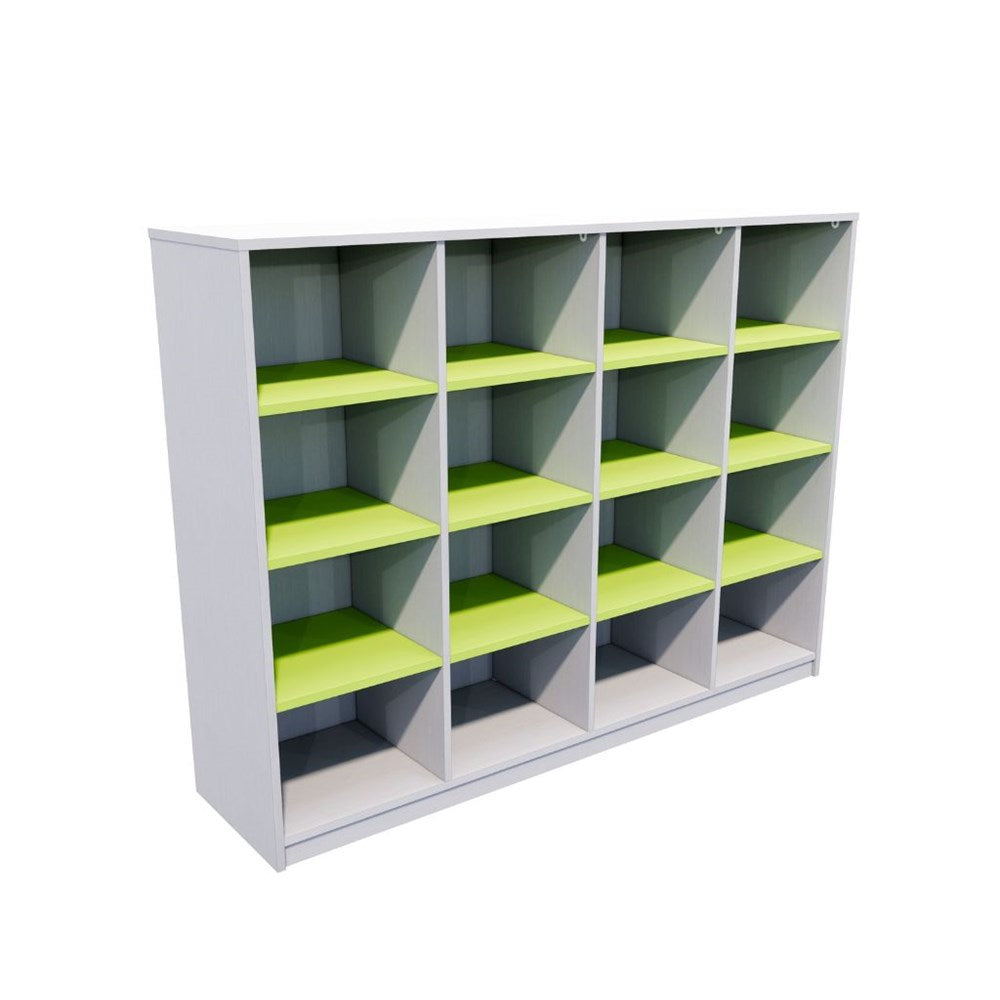 Bookshelf with green shelves