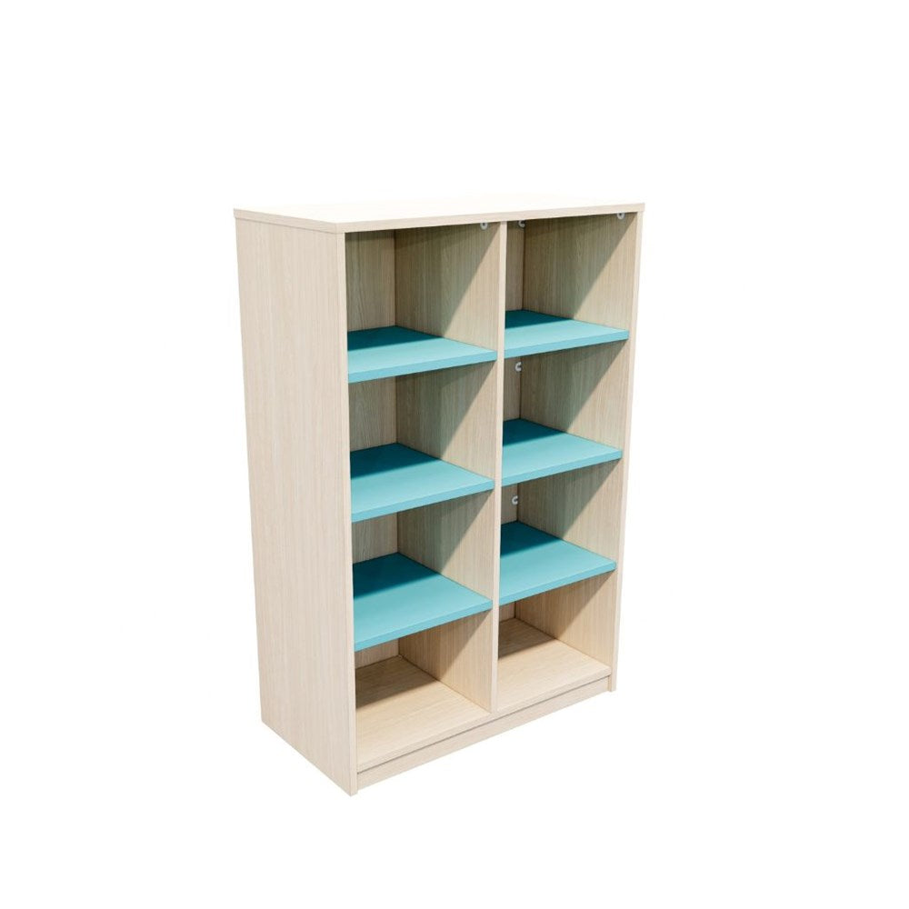 Bookshelf with blue shelves