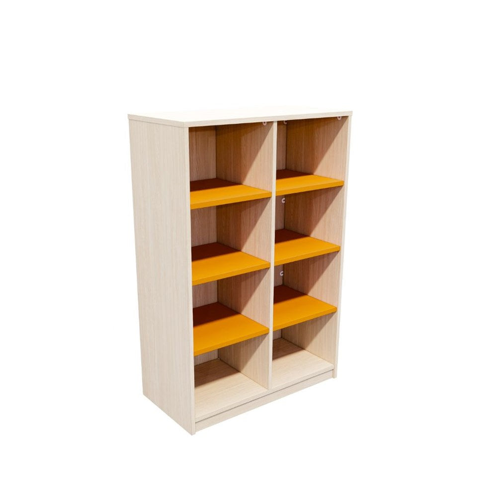 Bookshelf with orange shelves