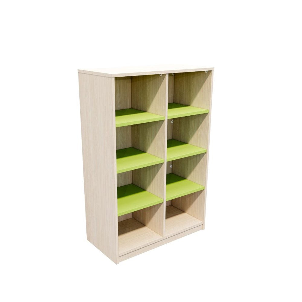 Bookshelf with green shelves
