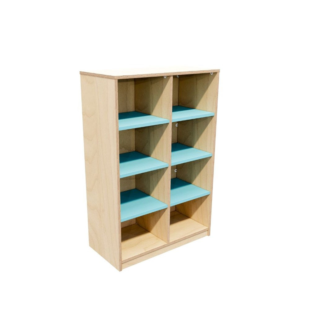 Wooden bookshelf with blue shelves