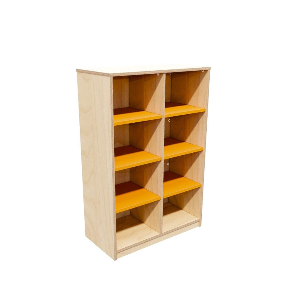 Wooden bookshelf with orange shelves 