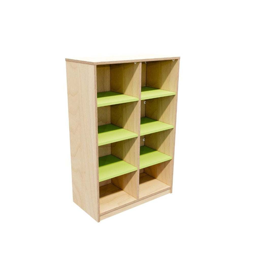 Wooden bookshelf with green shelves