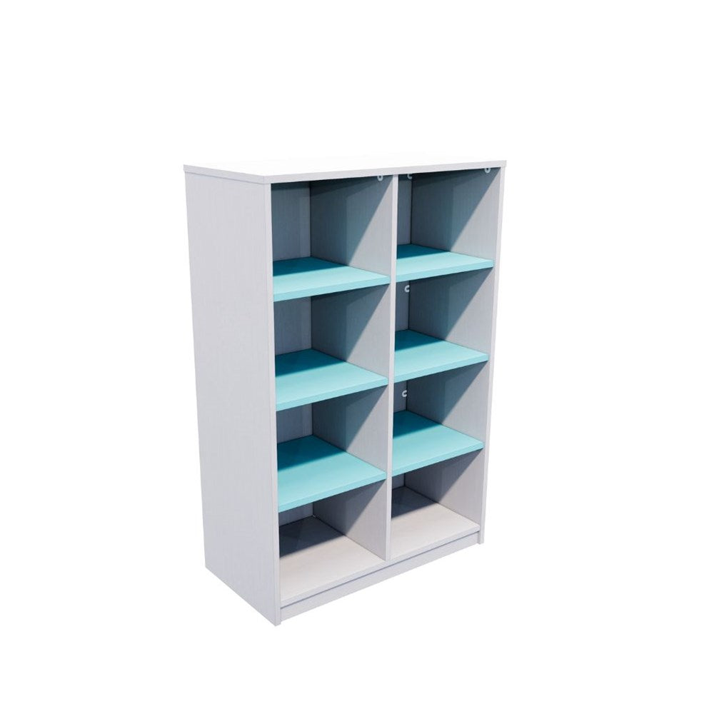 White bookshelf with blue shelves