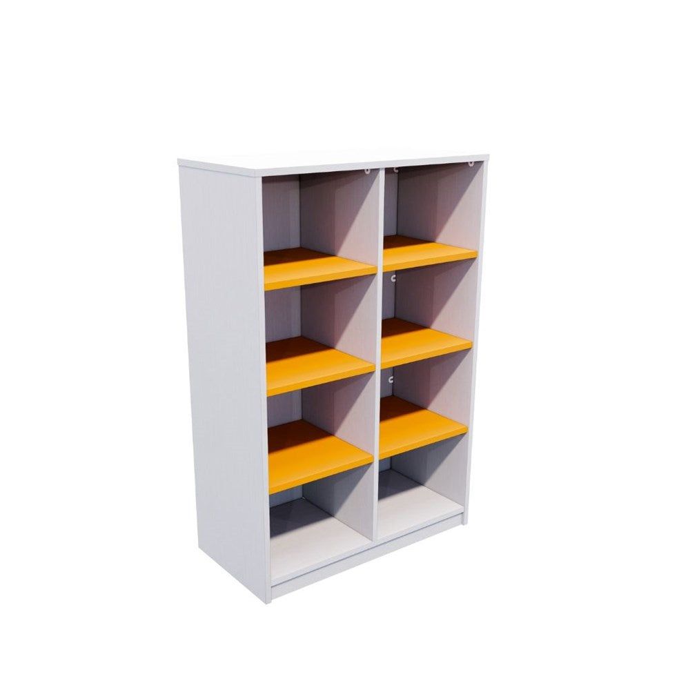 White bookshelf with orange shelves
