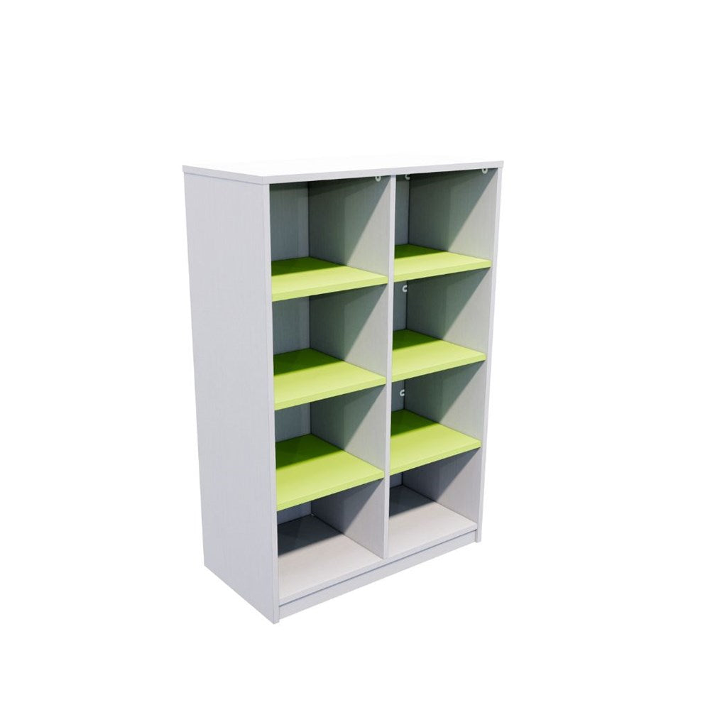 White bookshelf with green shelves