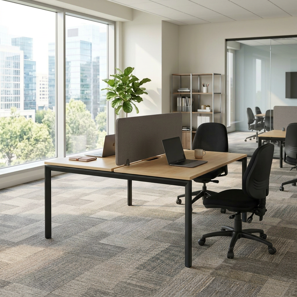 Modern office setup with desks, chairs, and large windows.