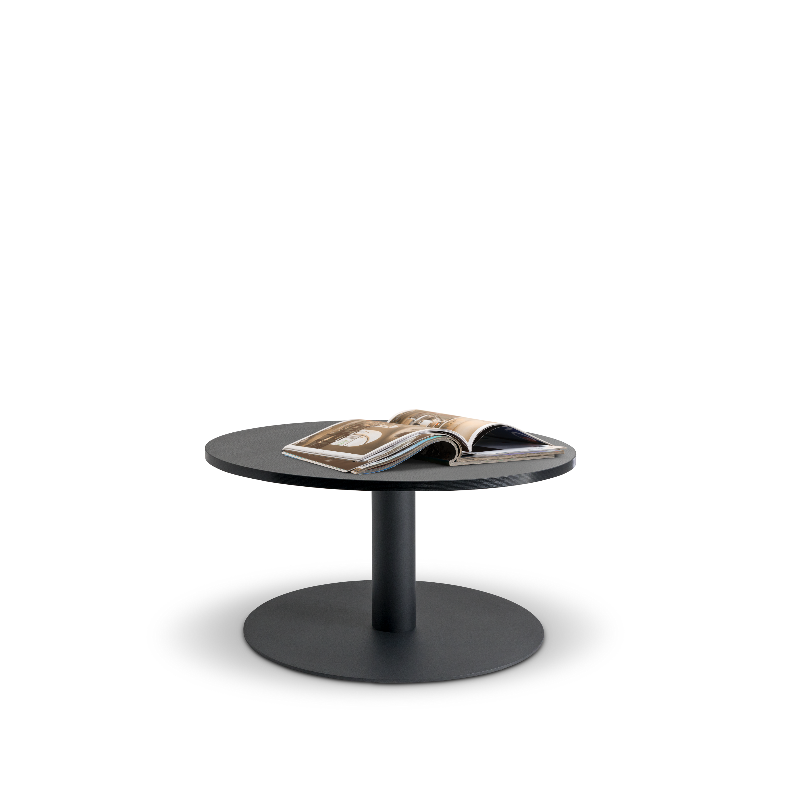 small round coffee table with black base and black top