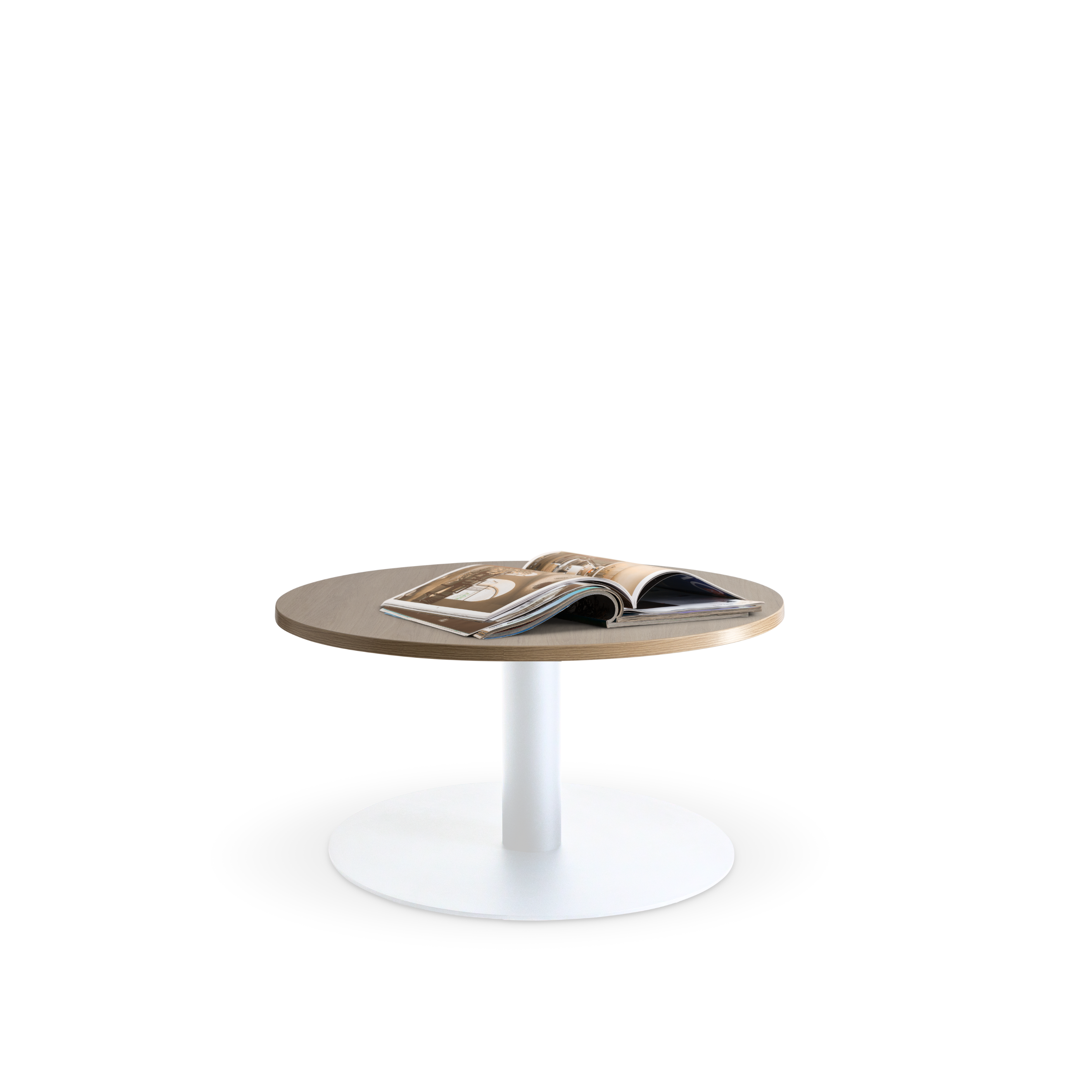 small round coffee table with white base and autumn oak top