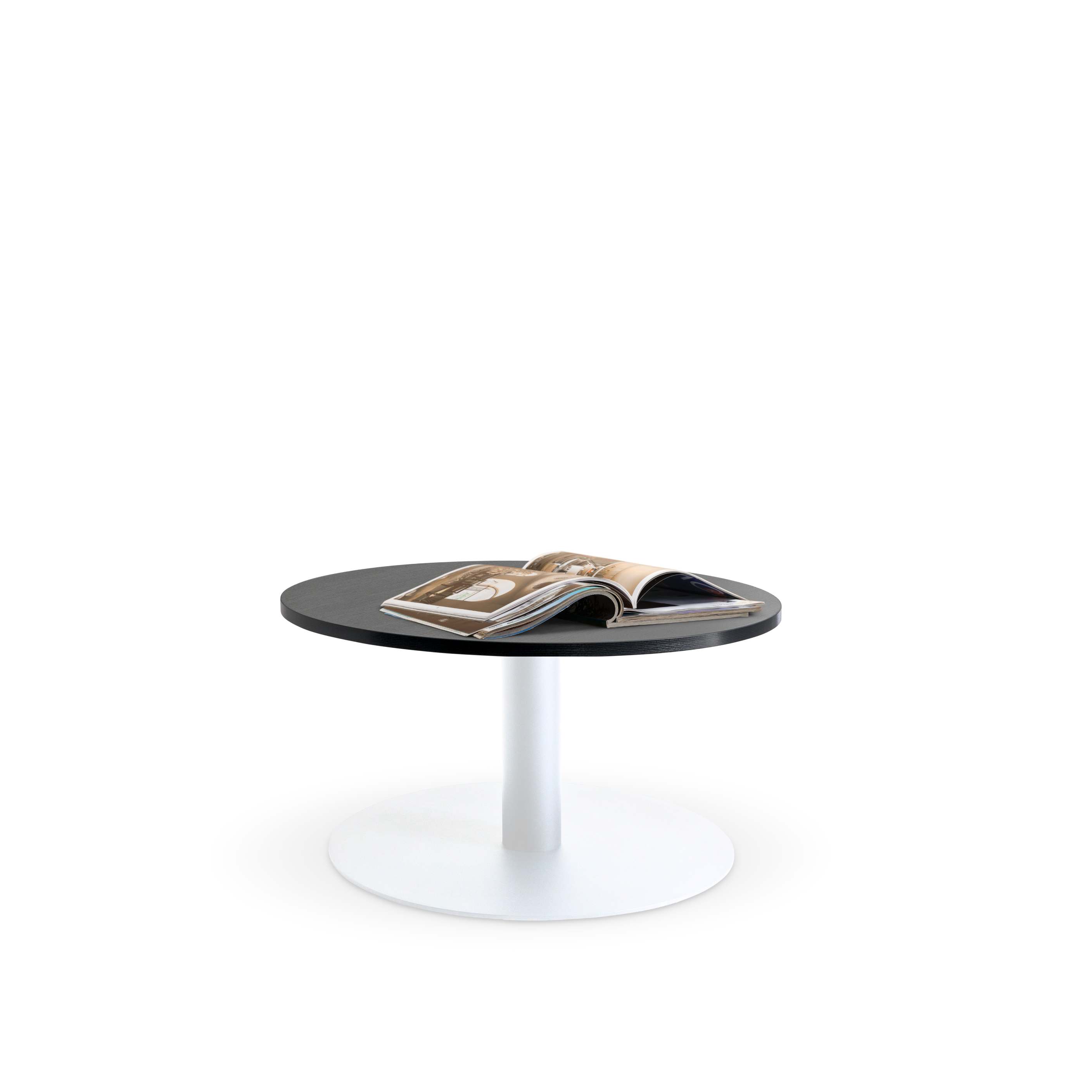 small round coffee table with white base and black top