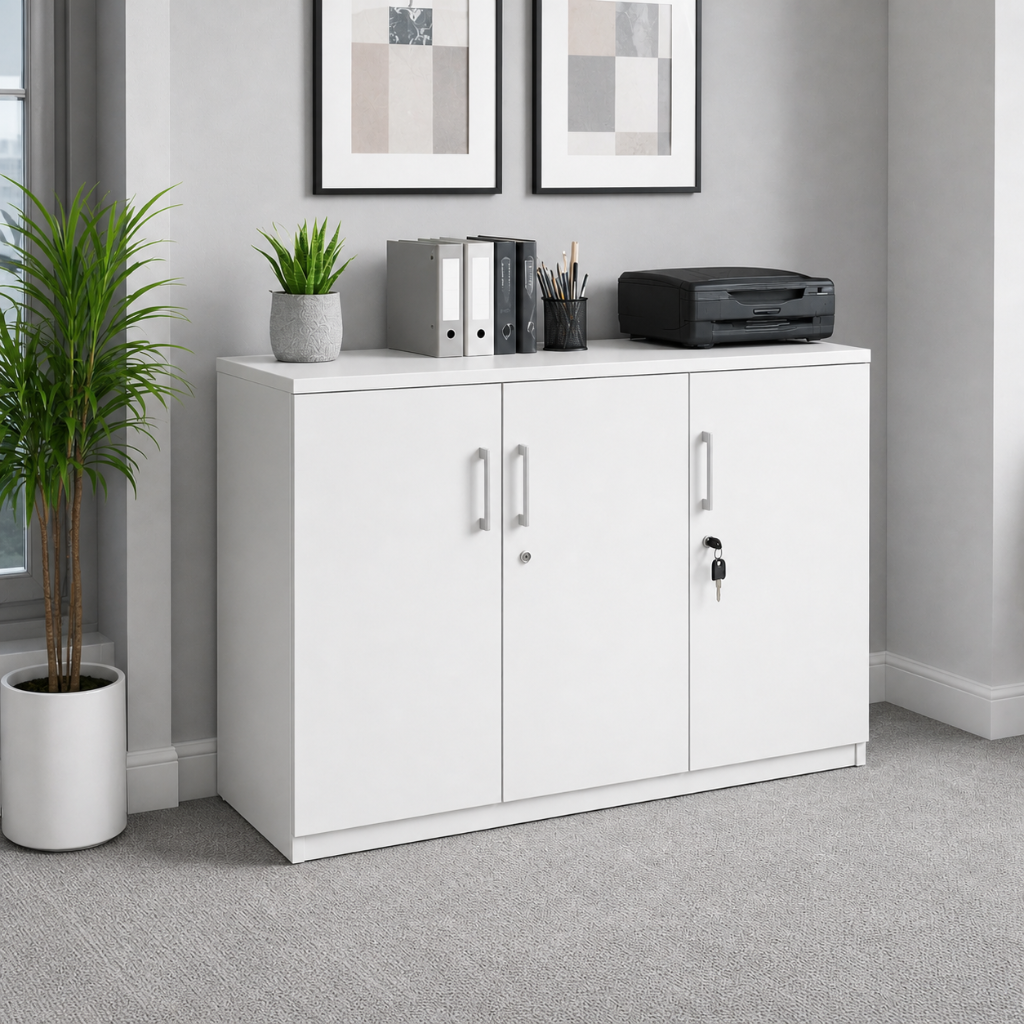 A white three-door office cabinet with silver handles, shown in a styled home office setting with a potted plant, binders, and a printer on top.