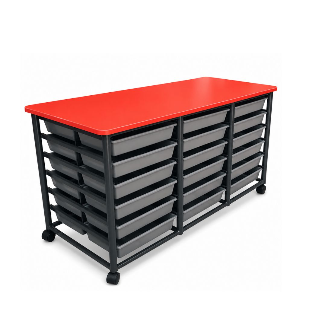 Storage unit with red top and gray drawers on wheels against a white background