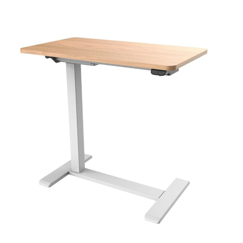 Wooden desk with a white adjustable base on a white background