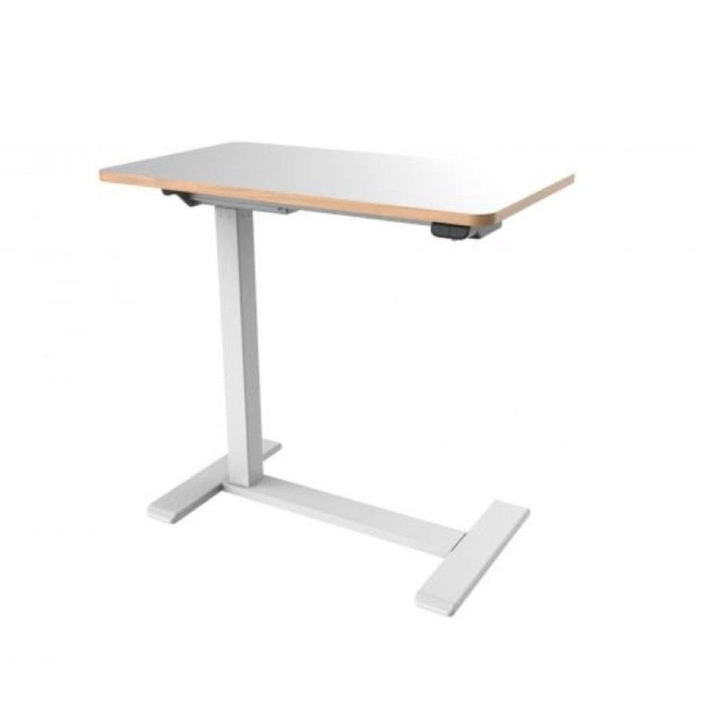 An adjustable height standing desk with a light gray top and a white metal frame base, shown on a solid white background.